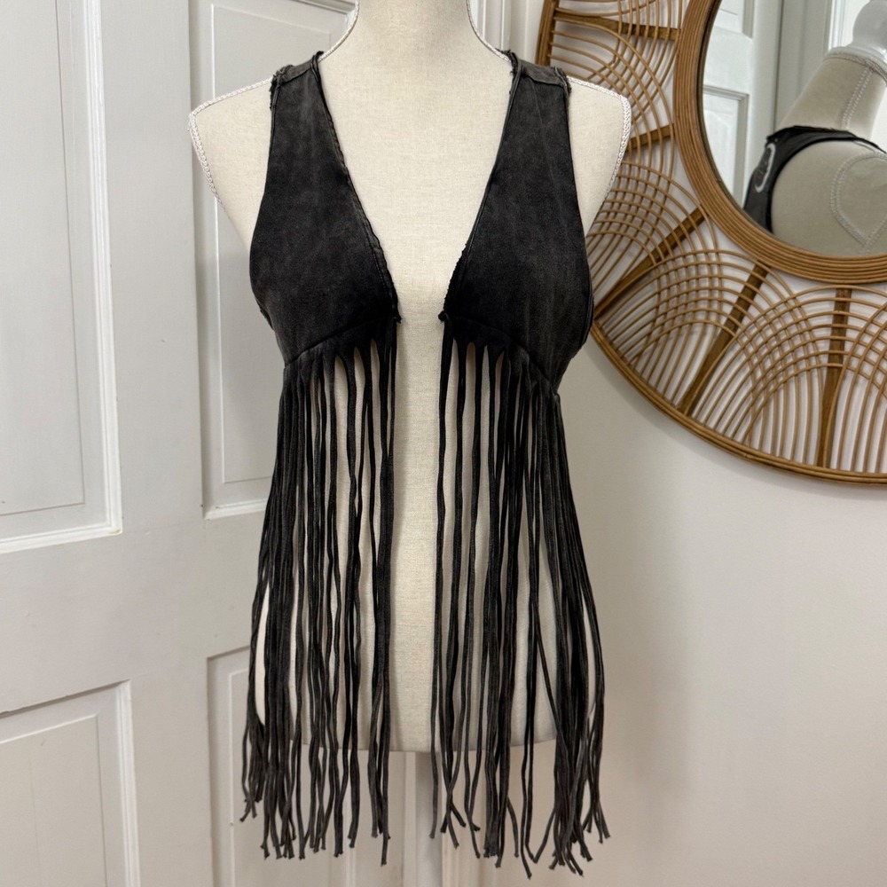 Killstar Celestial Fringe Vest S Black Acid Wash Moon Star Goth Festival Boho